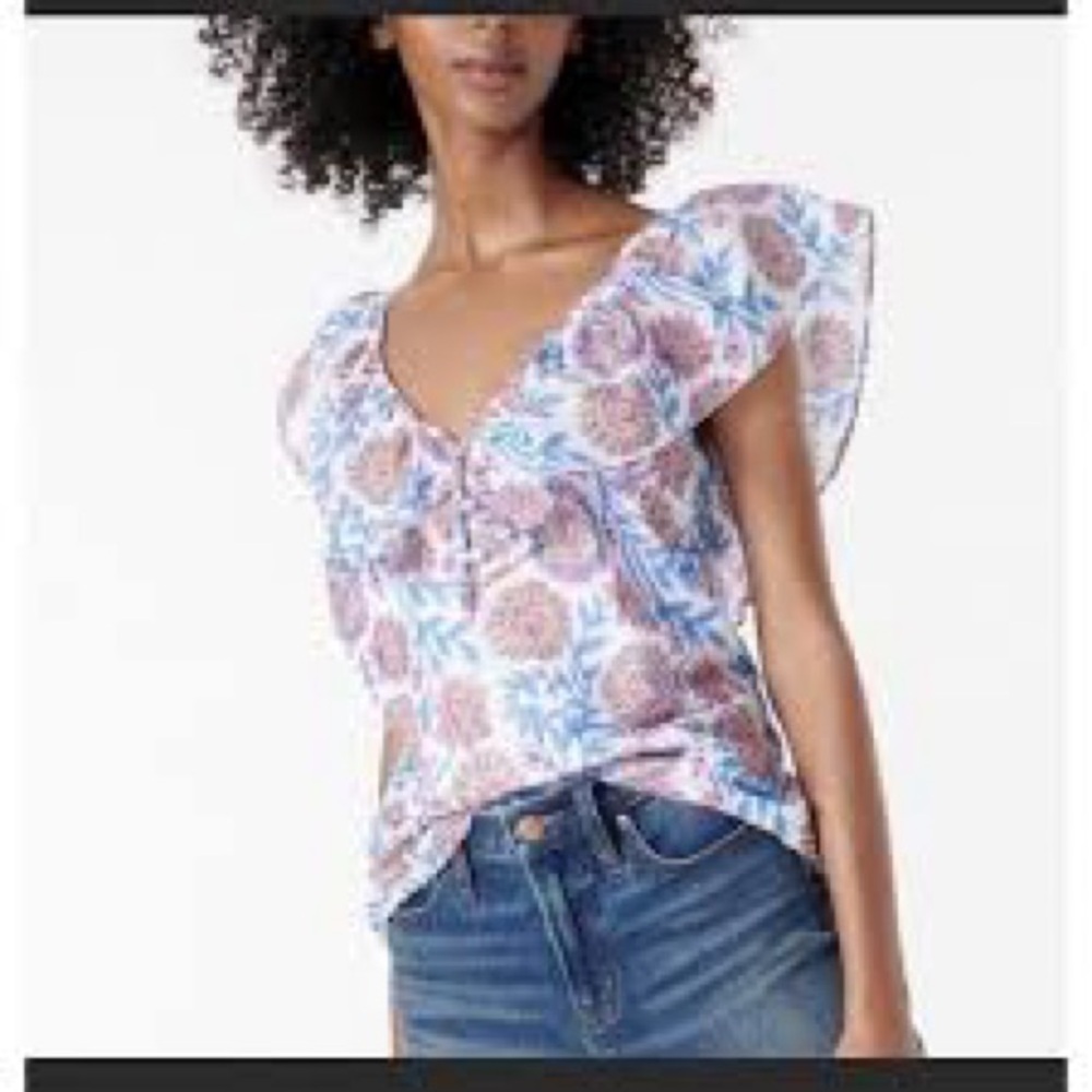 J.Crew Ruffle V-Neck Top Floral Vine Block Print